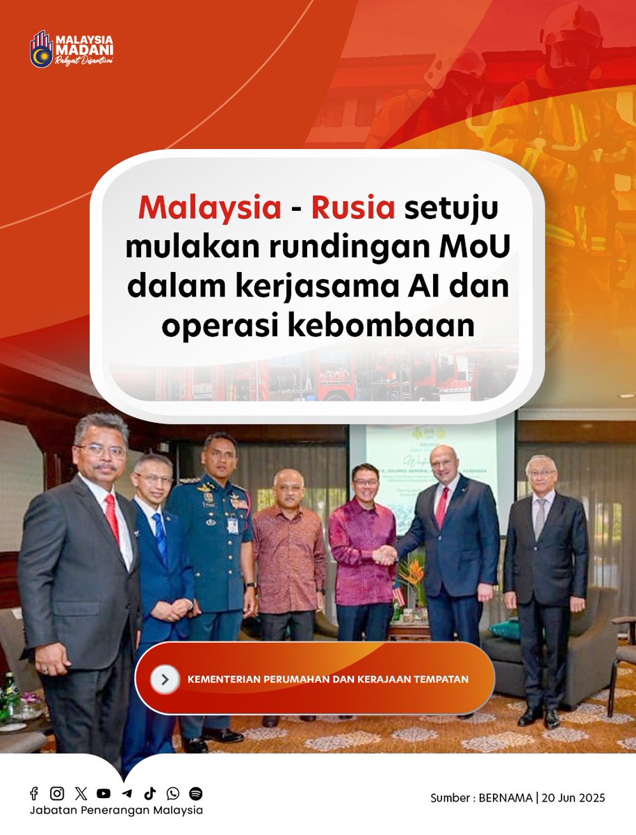 JPenerangan's tweet photo. 🔹Persetujuan dicapai ketika sesi perbincangan dua hala YB Menteri Perumahan dan Kerajaan Tempatan dengan Menteri Pertahanan Awam, Kecemasan dan Pengurusan Bencana Alam Rusia.

🔹 Pertemuan itu menandakan satu langkah penting dalam memperkukuh hubungan diplomatik dan membuka - https://t.co/daW8D9aWY2