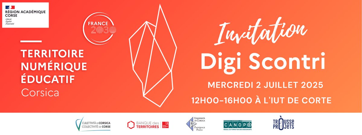 💡#DigiScontri, découvrez les ressources numériques gratuites mises à votre disposition dans le cadre du #TNECorse.
📅Mercredi 2 juillet 2025 de 12h à 16h.
🎯Enseignant, CPC/CPD, Référent Numérique, Directeur, Chef d’eple ou Inspecteur.
🔗Infos: sites.ac-corse.fr/tne2a/2025/06/…
🔍<a href="/accorse/">Académie de Corse</a>