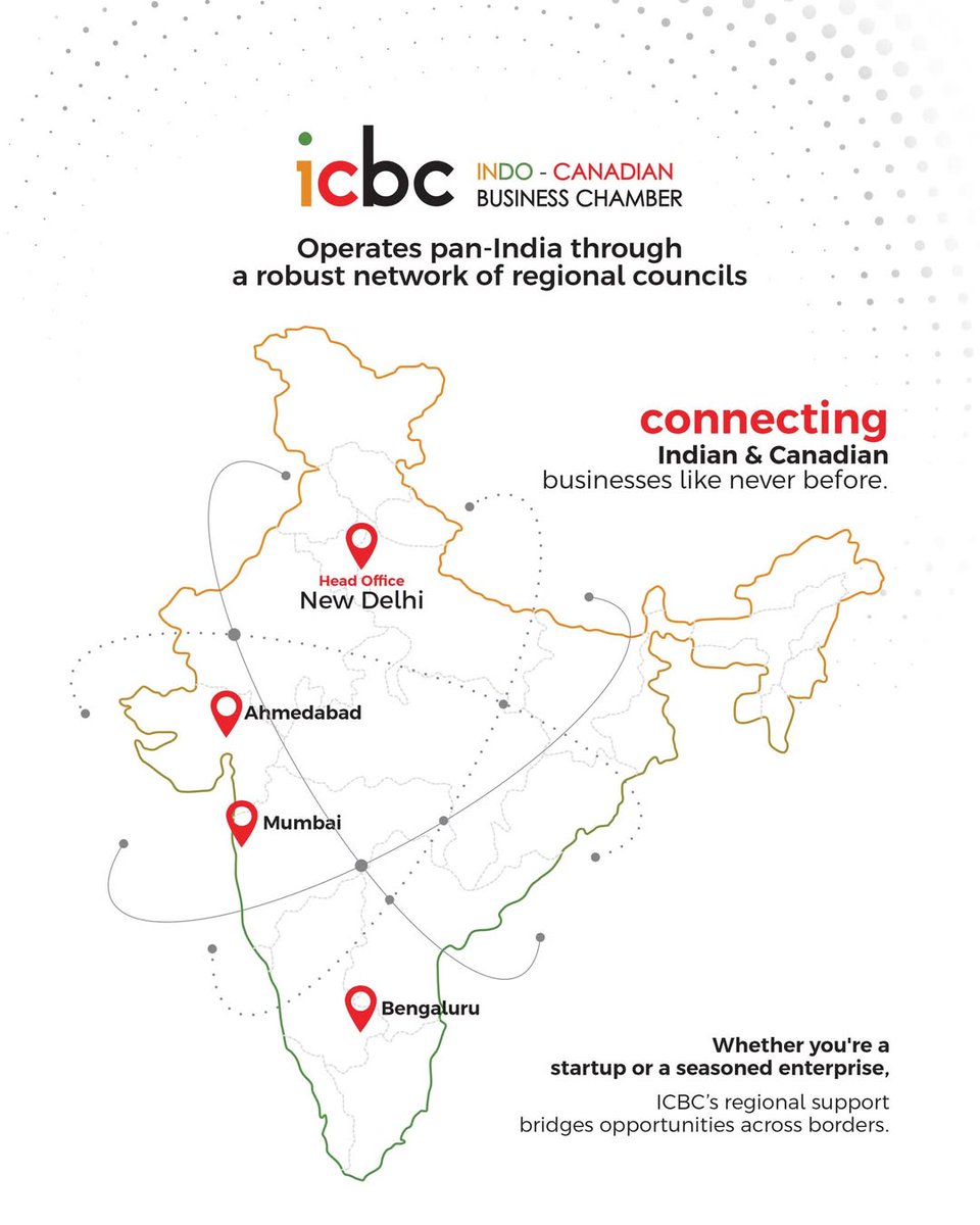 ICBC is bridging India &amp; Canada through a strong pan-India presence—empowering startups &amp; enterprises to grow across borders. From Delhi to Bengaluru, we’re building partnerships that shape global innovation. 🌏🤝

📍icbc.org.in

#IndiaCanadaBusiness #ICBC