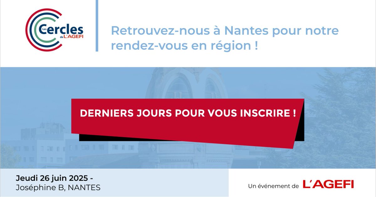 L'AGEFI Events (@agefievents) on Twitter photo #CerclesAgefi à Nantes - 📆 26 juin
Derniers jours pour vous inscrire : bit.ly/3G1icag
Plus que quelques jours avant les Cercles L' Agefi à Nantes !
📌Partenaires : <a href="/AltaRoc_PE/">AltaRoc - Private Equity</a>, <a href="/ApicilGroupe/">Groupe APICIL</a>, <a href="/Schroders/">Schroders</a> #CerclesAgefi à Nantes - 📆 26 juin
Derniers jours pour vous inscrire : bit.ly/3G1icag
Plus que quelques jours avant les Cercles L' Agefi à Nantes !
📌Partenaires : <a href="/AltaRoc_PE/">AltaRoc - Private Equity</a>, <a href="/ApicilGroupe/">Groupe APICIL</a>, <a href="/Schroders/">Schroders</a>