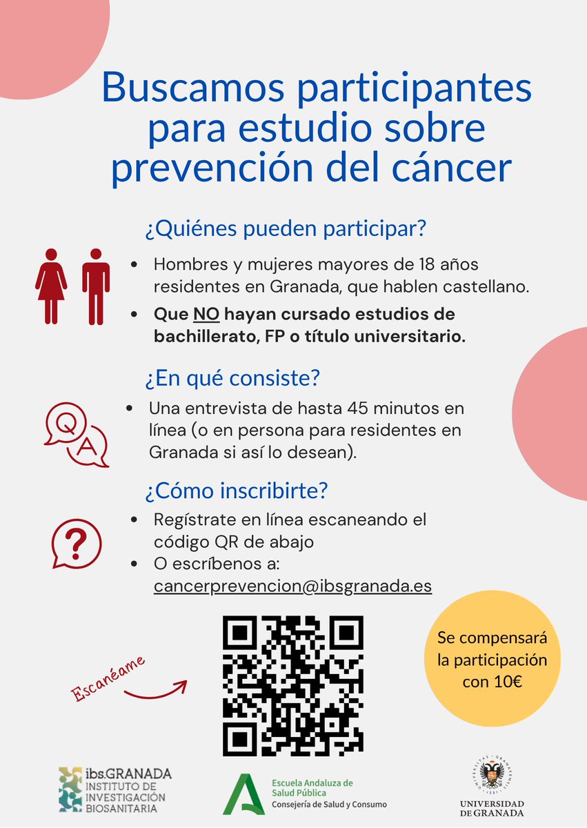 🎯 ¿Quieres colaborar con la ciencia?

💶 Participación remunerada (10€)
📲 Apúntate aquí: forms.gle/7VD1c3qh2hCVjk…
🙏 ¡Y si puedes, ayúdanos compartiendo!

#SomosGranadaSalud