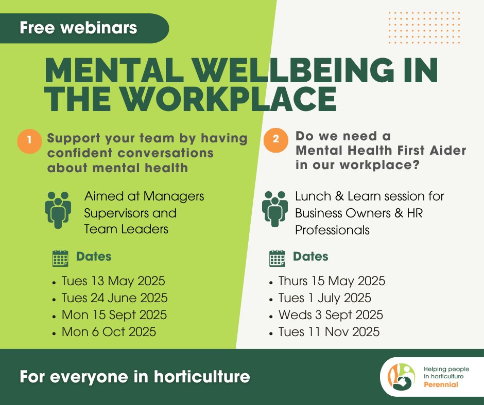 We’ve partnered with Mental Health First Aid England to offer free webinars for horticulture professionals.

1 - Confident conversations about mental health
2 - Do we need a Mental Health First Aider in our workplace?

Find out more &amp; book: perennial.org.uk/Corporate/ment…
#PerennialHelps