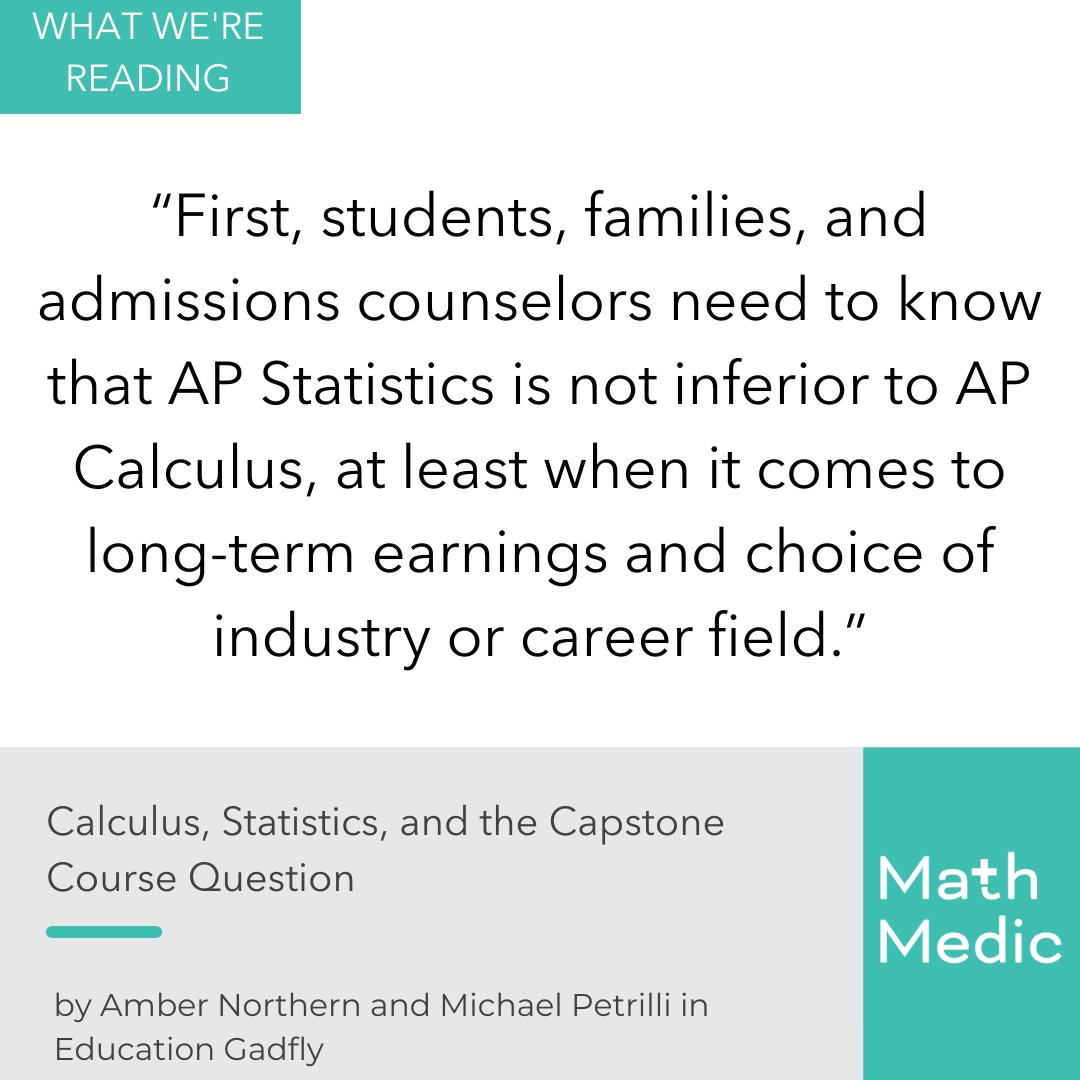 MathMedic's tweet image. “Are high-school students better served by completing their math studies with calculus or statistics?” To read the full article, click the link in our bio to access "What We're Reading." #MathMedic #professionaldevelopment #EFFL #mathteacher #matheducation #iteachmath #MTBoS