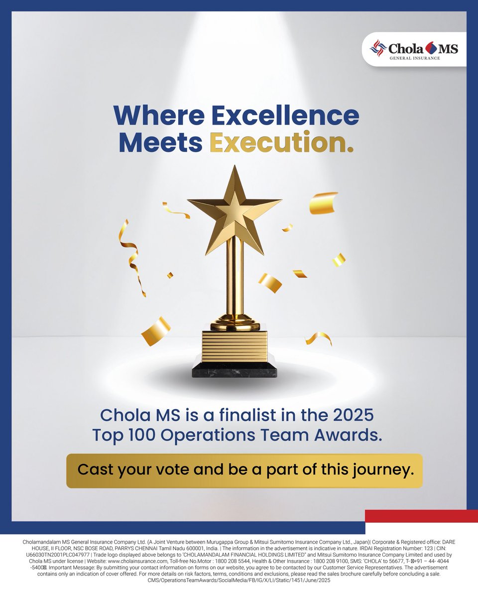 At Chola MS, our operations team runs on precision, integrity, and a relentless drive to serve better every day. We’re proud to be a finalist for the 2025 Top 100 Operations Team Award; a testament to the people behind every process.

Let’s make this win a shared one. Cast your