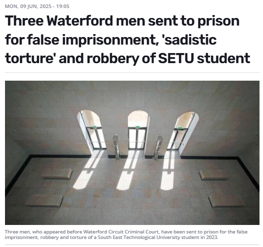 Polito_loco's tweet photo. 🚨THREE "Waterford men" sent to prison for false imprisonment, sadistic torture and robbery of SETU student

⚠️TRIGGER WARNING

Elroy Kalu (21) is the only one of the three of age that can legally be named, the other two were minors at the time of the assault. All three pleaded guilty. 

Through CCTV & mobile phone footage Gardai were able to piece together the incident and charge all 3 with three counts of robbery, theft, assault causing harm and false imprisonment in Waterford on October 2, 2023.

CCTV footage showed the victim taken from the SETU campus on the Cork Road and brought around Waterford City before travelling to Tramore, while they intimidated him into giving them money from his Credit Union account.

The victim was then taken to Wyse Park, where in a sustained attack, the group beat him, waterboarded him, and forced him to drink urine off the ground.

Over a four hour period they recorded the vicious, dehumanising assault and uploaded it to Snapchat.

That poor victim. 

Prison and deportation is too good for scum like this.

https://t.co/5W0TZ1lICx