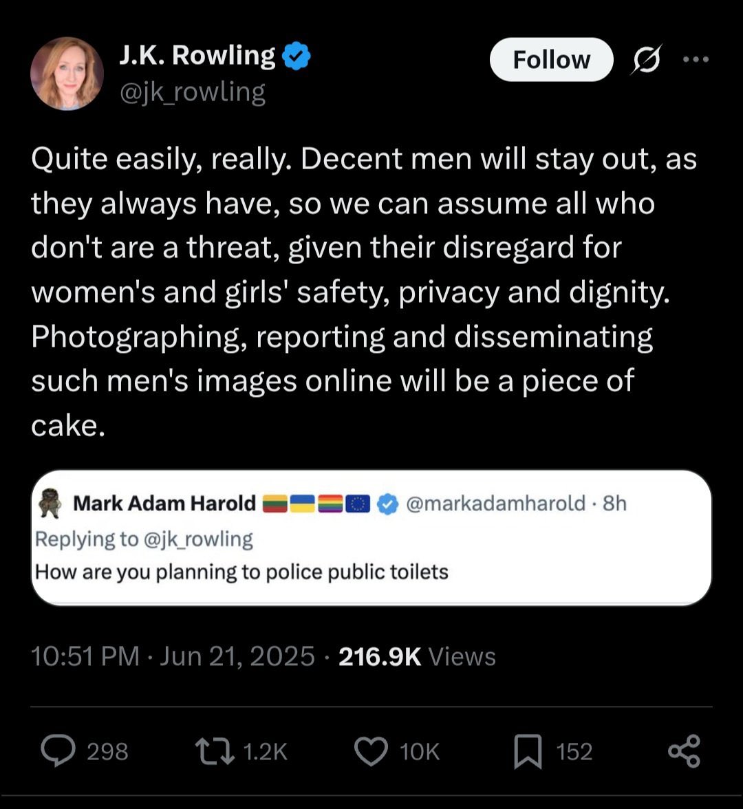 prideukorg's tweet image. JK Rowling thinks itβs ok to take photos and report people in womens toilets they think are men π What a can of worms that would open.