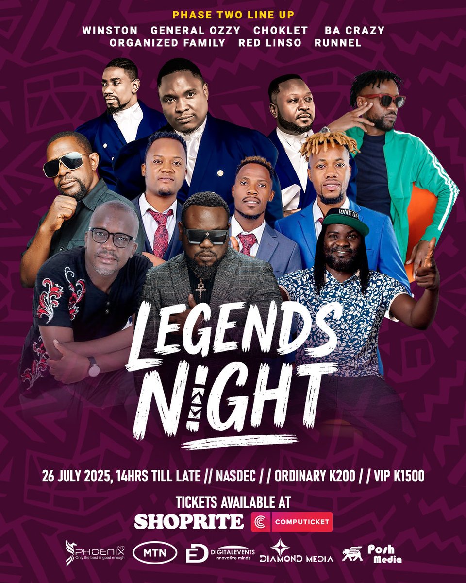 You thought it was over? 👀
You spoke, we listened — and we’re back with a second wave of LEGENDS! 🔥

Winston, General Ozzy, Choklet, BA Crazy, Organized Family, Red Linso &amp; Runnel join the lineup for a night that’s about to go down in Zambian music history! 🎶🇿🇲

Get your