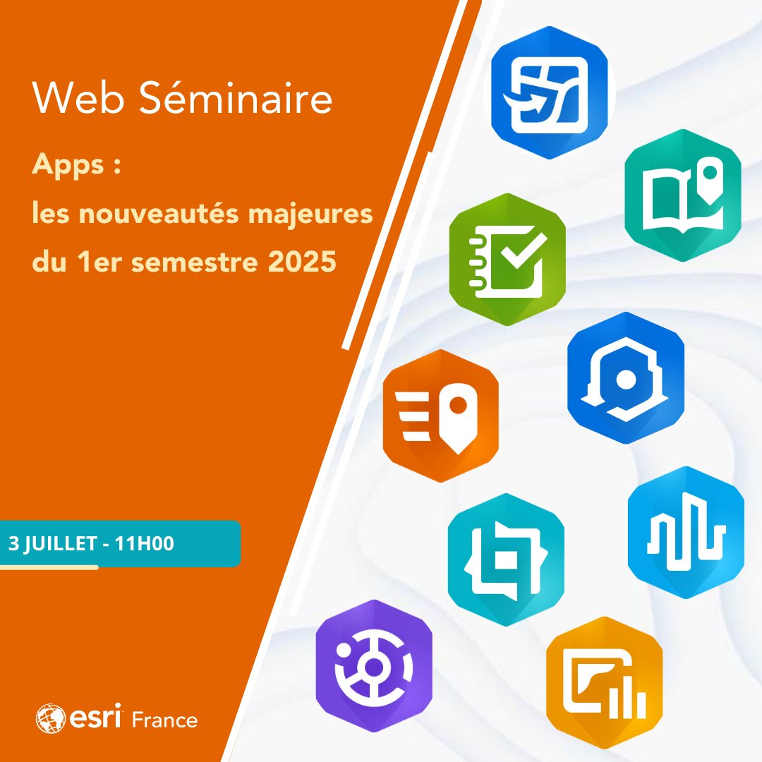 📅 Web Séminaire – 3 juillet 2025 | 11h00 – 12h00
🔍 Apps : les nouveautés majeures du 1er semestre 2025

L’écosystème ArcGIS évolue en continu, et les applications ne font pas exception !
Participez à ce web séminaire pour découvrir un condensé des évolutions majeures des apps