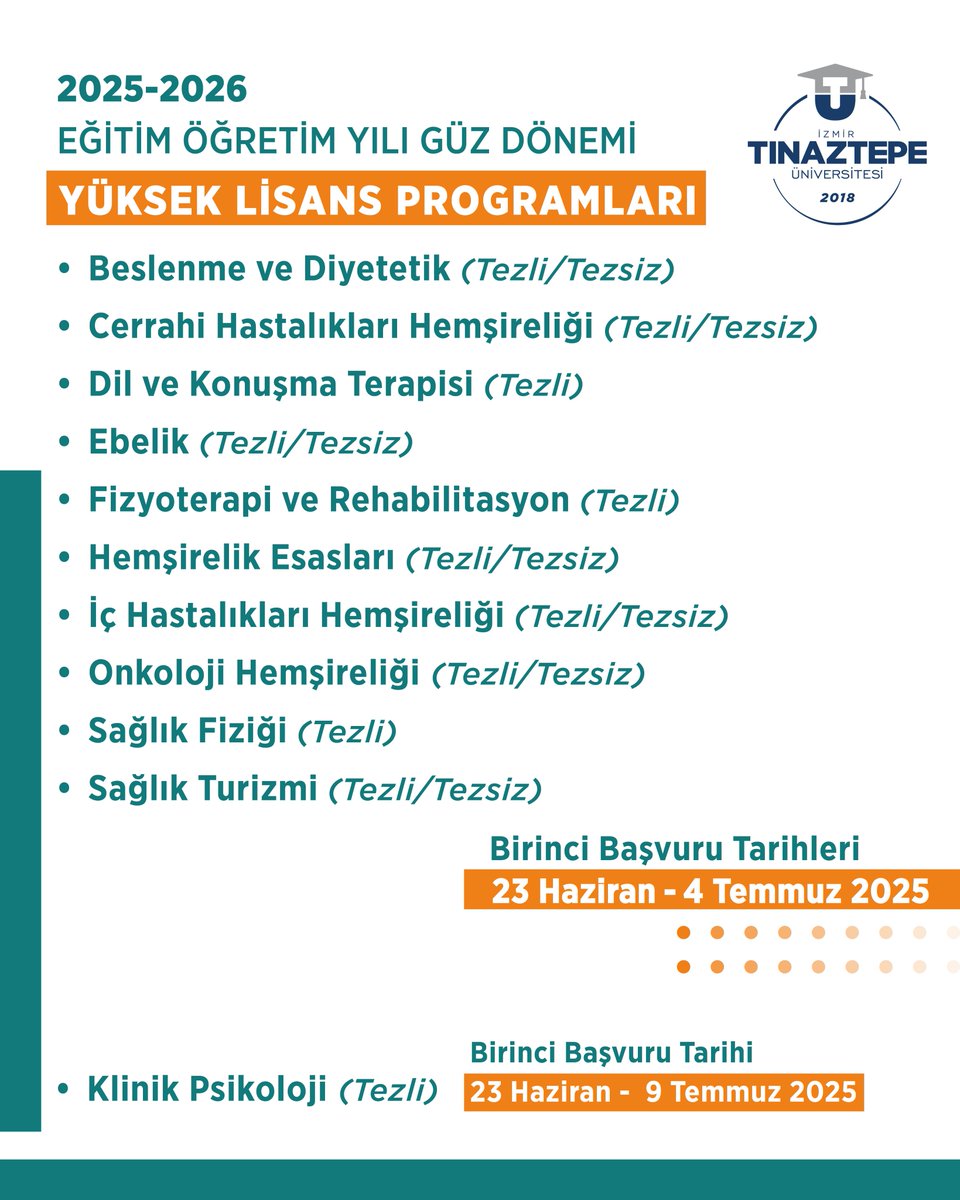 2025-2026 Eğitim Öğretim Yılı Lisansüstü Programları Güz Dönemi Başvuruları Başladı!

Detaylı Bilgi için: tinaztepe.edu.tr/tr/duyurular sayfasını ziyaret edebilirsiniz.

#lisanüstüeğitim #İZTÜ #izmirtınaztepeüniversitesi
