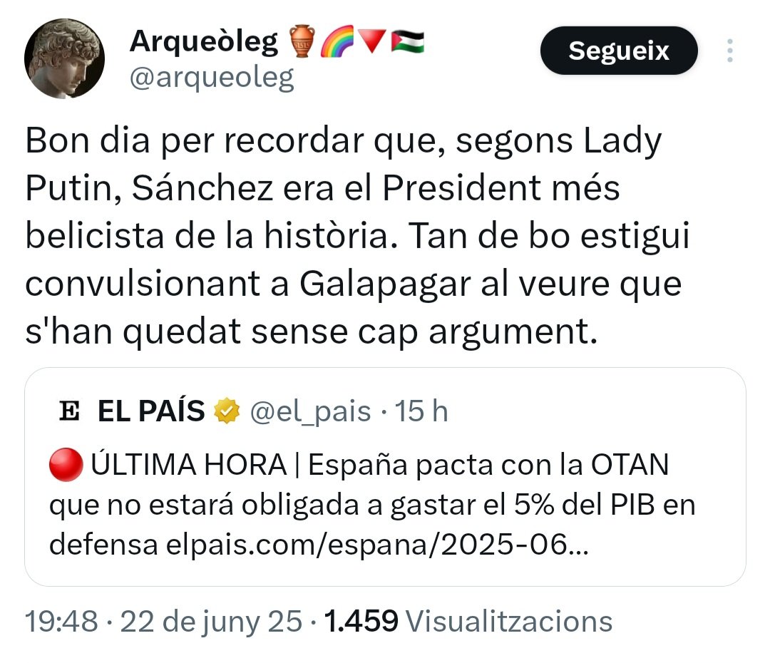 Bon dia per recordar que el nostre Arqueòleg Fastigós (ICV) no es cansa de fer el ridícul menjant-li el cul al Pedro Sanchez. Ñ no ens gastarem el 5% del PIB en Defensa, però si que augmentarem la despesa fins al 2.1%, que són 20.000M€ més dels que ens gastem actualment #NOESPOT