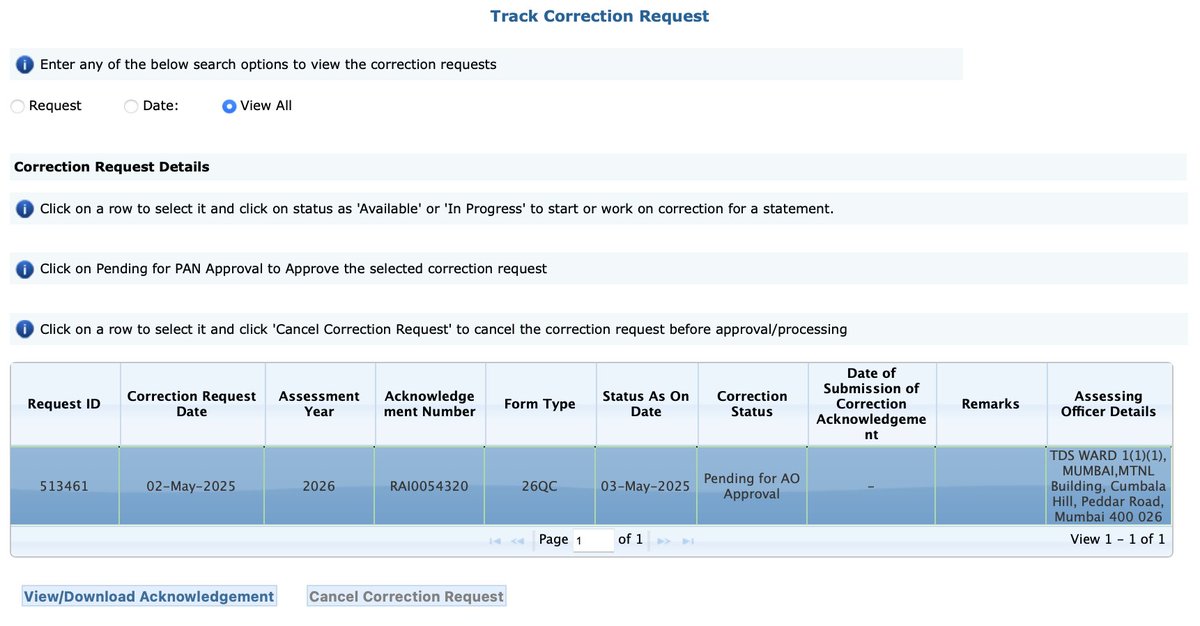 SapientNomer's tweet photo. @IncomeTaxIndia I had raised a correction request on 3rd of May 2025 for form 26QC on tdscpc portal. It says 'pending for AO Approval' since then with no progress till now. I am not sure how to get this to move forward. Been following up over email for 50+ days nw. Pls help https://t.co/0Od6Z7u9yN