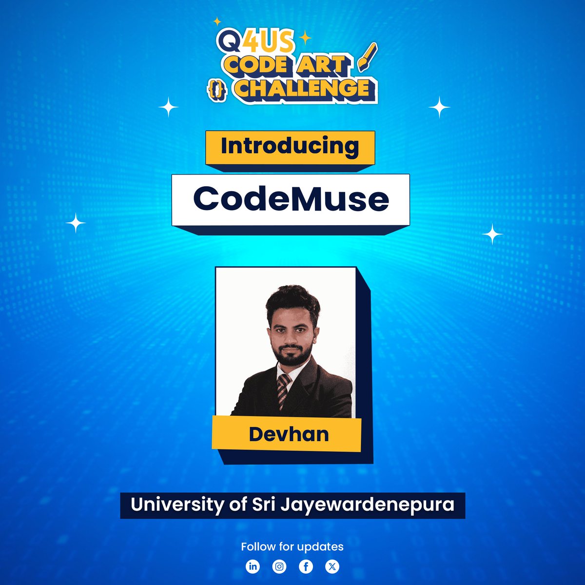 Q4USdev's tweet photo. “Mine is a solo mission to turn my love of coding into something visually appealing. This is a wonderful opportunity for me to explore my creativity and problem solving skills in a unique and a fun way.”

-CodeMuse, University of Sri Jayewardenepura
#q4uscodeartchallenge #qgenius https://t.co/e1nqOADJmi