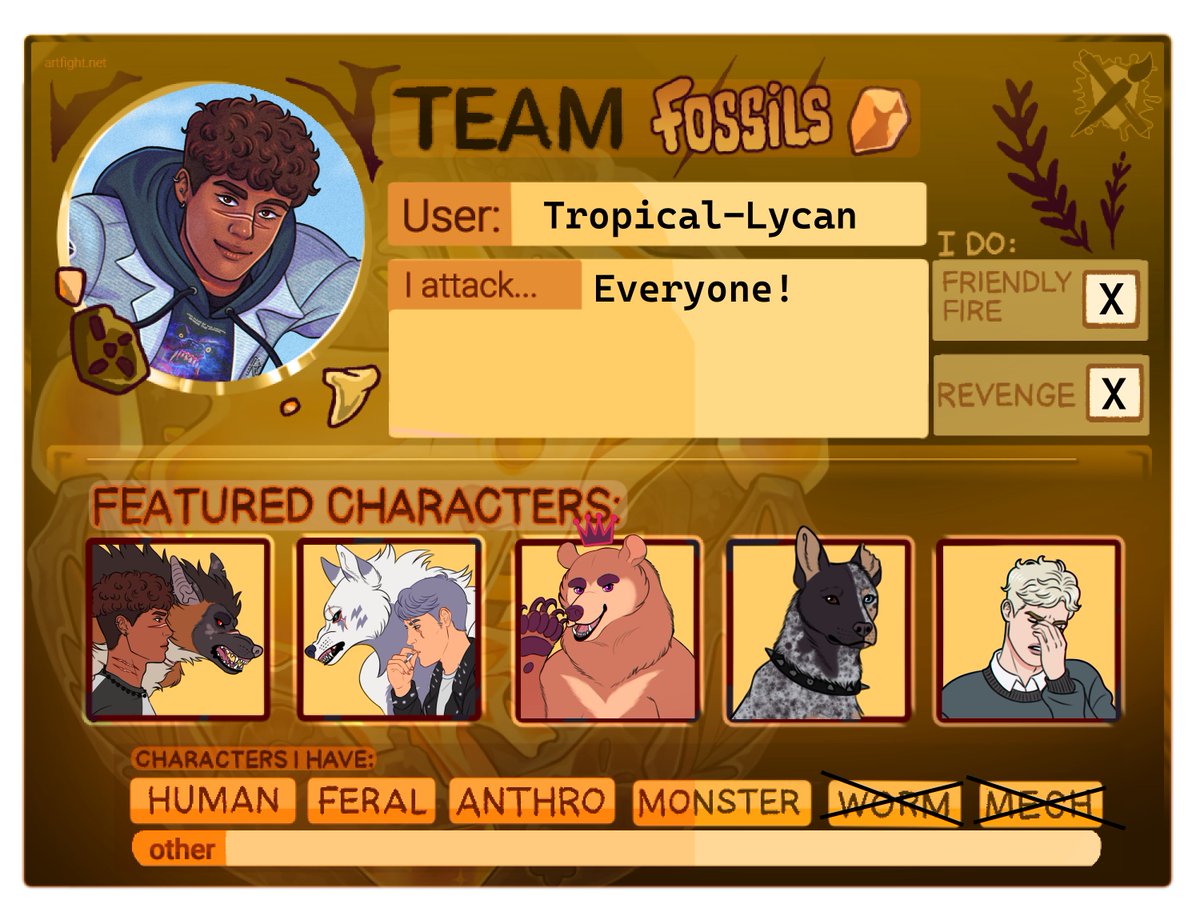 Tropical_Lycan's tweet image. Rawr! I'm a dinosaur ๐ฆ
First time joining art fight ๐ฅบ
artfight.net/~Tropical-Lycan