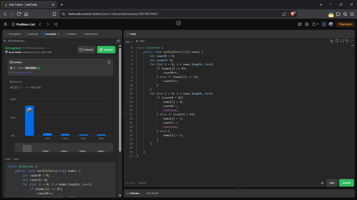 Day 48 of DSA Using Java 🚀

Solved Problem on Arrays on Leetcode :  
75. Sort Colors 🔗leetcode.com/problems/sort-…

#DSAWithKunal #60DaysOfDSA #CodingCommunity #BuildInPublic #Java