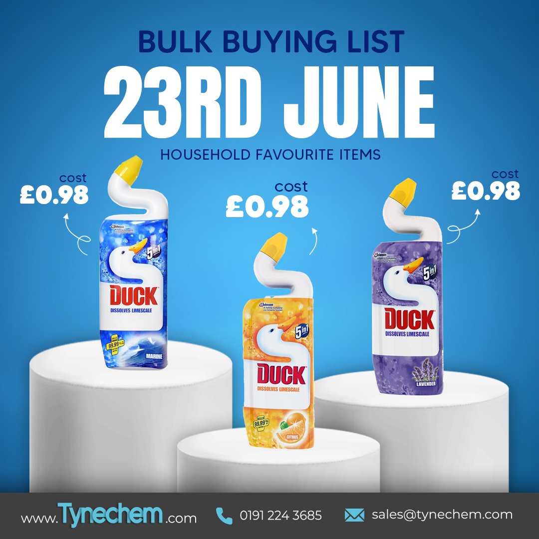 🛒 Tynechem’s 23rd June Bulk Buy List is out now!

Check out our Toilet Duck range below – ideal for pharmacies and shops stocking cleaning essentials.

📥 Download the full list:
👉 tynechem.com/wp-content/upl…
#Tynechem #BulkBuy #ToiletDuck #PharmacySupplies #CleaningEssentials