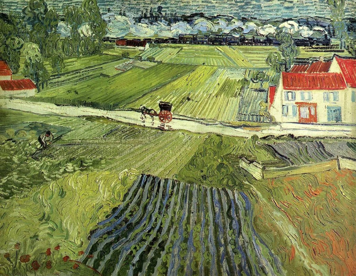 olgatuleninova's tweet photo. Vincent van Gogh, 1853-1890
Landscape with Carriage and Train, June 1890
Oil on Canvas, 72 × 90 cm. 
Pushkin Museum, Moscow. https://t.co/kQckQJMlVf