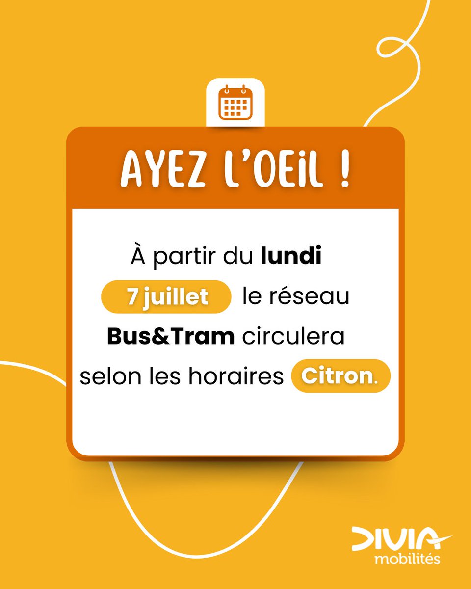 📅 INFO CALENDRIER 📅

👀 Ayez l'oeil !

Lundi 7 juillet, le réseau Bus&amp;Tram circulera selon les horaires "Citron" 🟡

🕰 Pensez à anticiper vos voyages.