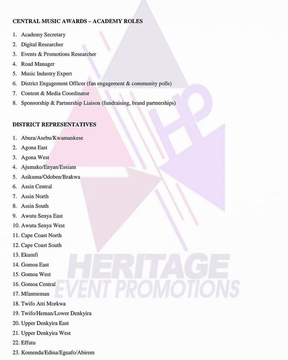 📌𝐎𝐩𝐞𝐧 𝐂𝐚𝐥𝐥 𝐅𝐨𝐫 𝐍𝐞𝐰 𝐀𝐩𝐩𝐥𝐢𝐜𝐚𝐧𝐭𝐬: 
Central Music Awards Academy Roles 

𝐀𝐩𝐩𝐥𝐢𝐜𝐚𝐭𝐢𝐨𝐧 𝐃𝐞𝐚𝐝𝐥𝐢𝐧𝐞 𝐄𝐱𝐭𝐞𝐧𝐝𝐞𝐝 𝐓𝐨: 
Monday, June 30th, 2025, 11:59 PM

For further inquiries, contact: 0243037303 | 0268722707

#The14thCMA #FeelTheCulture