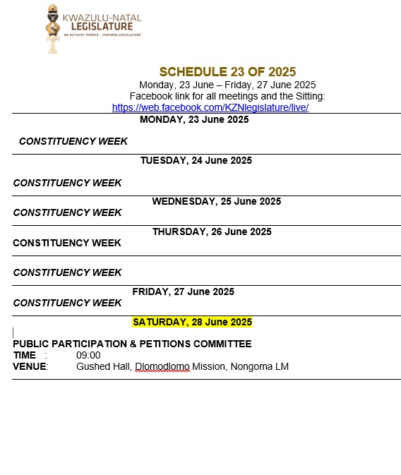 KZN Legislature (@kznlegislature) on Twitter photo Activities of the <a href="/KznLegislature/">KZN Legislature</a> for the period, Monday, 23 June 2025 to Friday, 27 June 2025.
#kznmpls Activities of the <a href="/KznLegislature/">KZN Legislature</a> for the period, Monday, 23 June 2025 to Friday, 27 June 2025.
#kznmpls