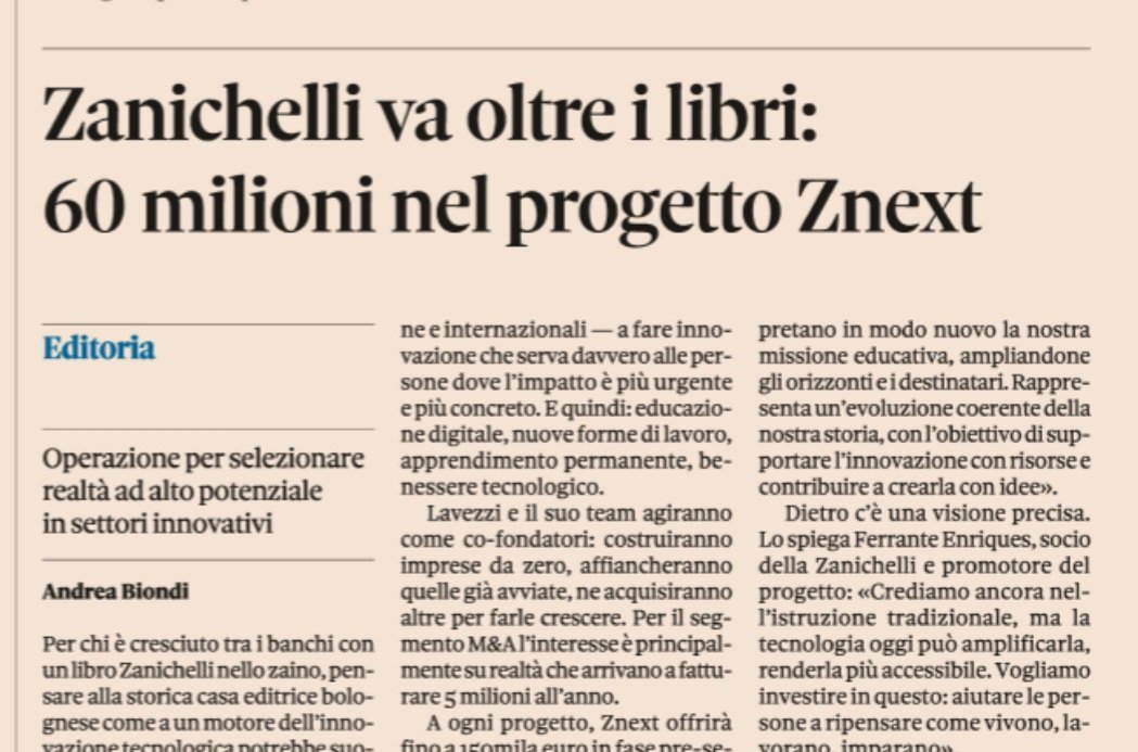 An_Bion's tweet photo. La #Zanichelli va oltre i libri: 60 milioni nel progetto Znext. Oggi sul @sole24ore in #edicola #editoria https://t.co/9vPoDnzHn9