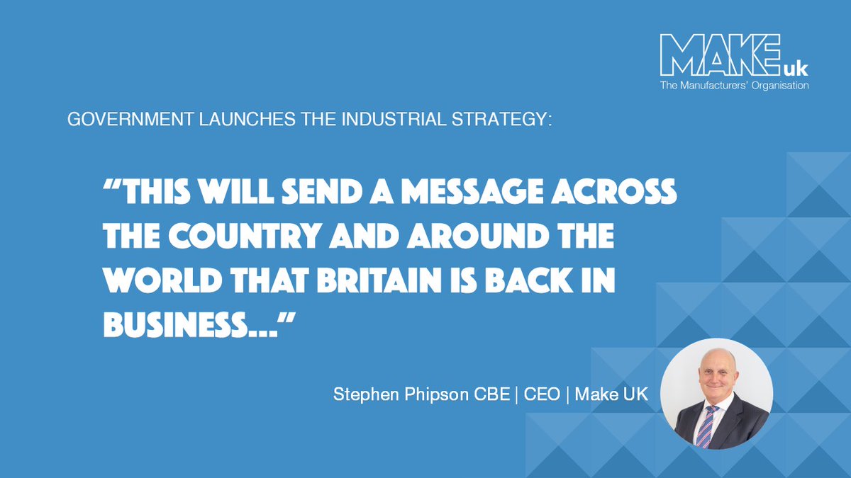 🚨 After years of campaigning by <a href="/MakeUK_/">Make UK</a>, the Government has launched its first Industrial Strategy since 2017.

A vital step toward the long-term certainty our sector needs to invest, grow &amp; compete.

Learn more ➡️ makeuk.org/news-and-event… #UKmfg #IndustrialStrategy