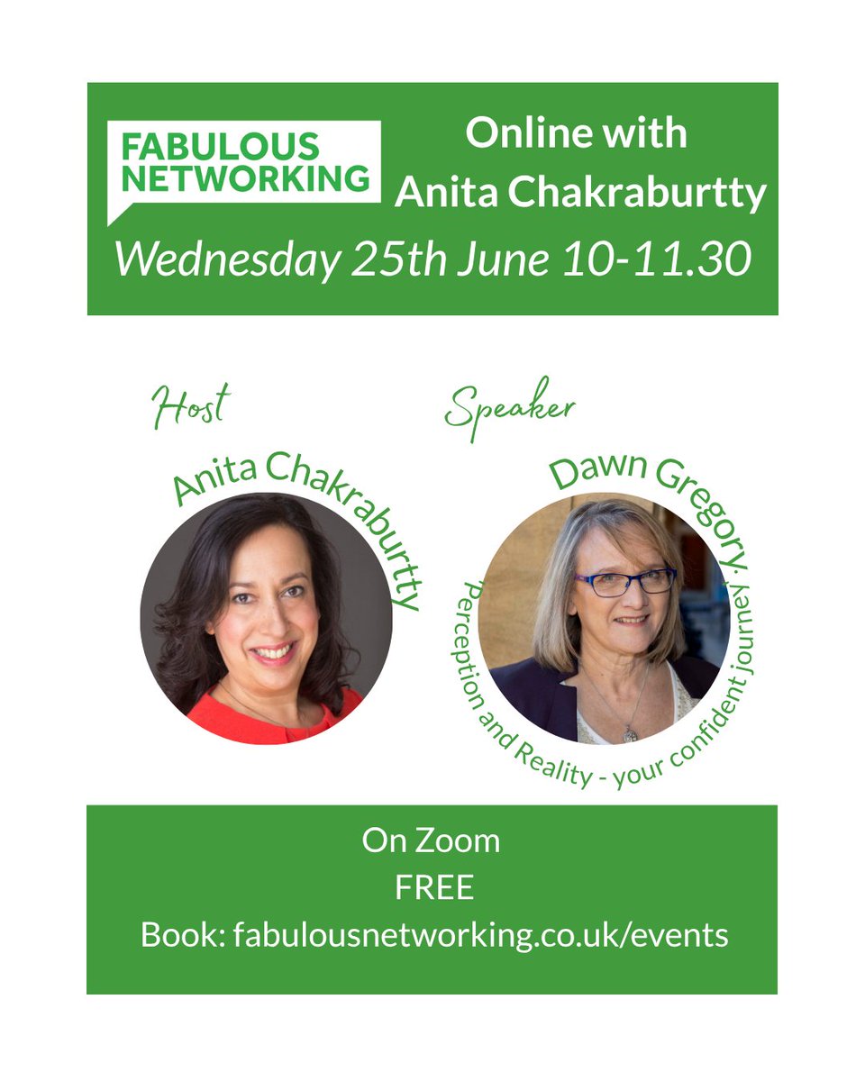 Keen to do #onlinenetworking &amp; attract more business? Come to my Fabulous #networkingmeeting on #zoom  Wed 25th #june 10am-11.30am. Dawn Gregory is our Guest Speaker at 11am discussing 'Perception and Reality - your #confident journey' fabulousnetworking.co.uk/event/online-b…