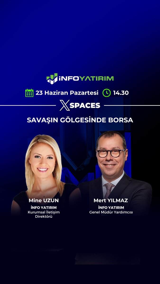 İnfo Yatırım Menkul Değerler (@infoyatirim) on Twitter photo 14.30'da "Savaşın Gölgesinde Borsa” konusu ile X Spaces yayınımızda konuğumuz; Genel Müdür Yardımcımız Mert Yılmaz <a href="/bmylz/">Mert Yilmaz</a>.
Kurumsal İletişim Direktörümüz Mine Uzun <a href="/mneuzunyol/">Mine Uzun 🦋</a> moderatörlüğünde gerçekleşecek yayınımız için alarmlarınızı kurmayı unutmayın!
🗓️ 23 Haziran 14.30'da "Savaşın Gölgesinde Borsa” konusu ile X Spaces yayınımızda konuğumuz; Genel Müdür Yardımcımız Mert Yılmaz <a href="/bmylz/">Mert Yilmaz</a>.
Kurumsal İletişim Direktörümüz Mine Uzun <a href="/mneuzunyol/">Mine Uzun 🦋</a> moderatörlüğünde gerçekleşecek yayınımız için alarmlarınızı kurmayı unutmayın!
🗓️ 23 Haziran