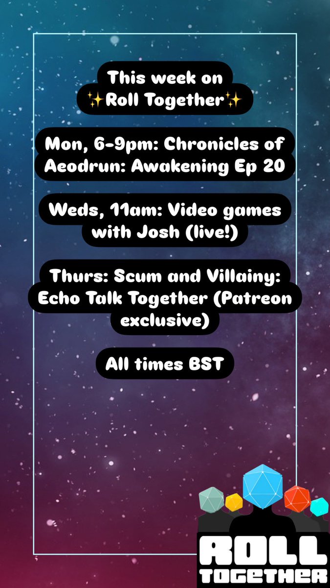 Here is what's happening on Roll Together this week over on twitch.tv/rolltogetherrpg and patreon.com/c/Rolltogether…

<a href="/phoenixdice/">Phoenix Dice</a> <a href="/idlechampions/">Idle Champions</a> <a href="/HOMIEandTheDUDE/">HOMIEandTheDUDE</a> #rolltogether #ttrpg #dnd
