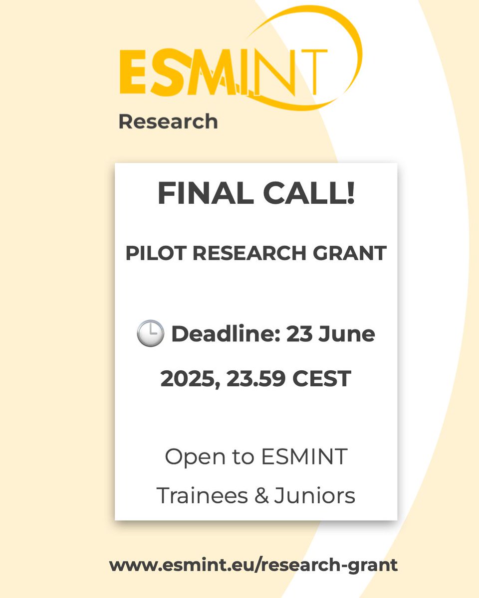 esmintsociety's tweet image. 🕛 Final hours to apply! 💡 ESMINT Grant supports early-stage neurointerventional research ✅ Trainee or ≤5 yrs post-fellowship 📅 23 June, 23:59 CEST 🔗 Apply: buff.ly/QbzMoyJ @Aggour @GuenegoAdrien @anna_kyselyova @Roland_K_Schwab @JanHendrikBuhk @MPeyT1 @jc__ray