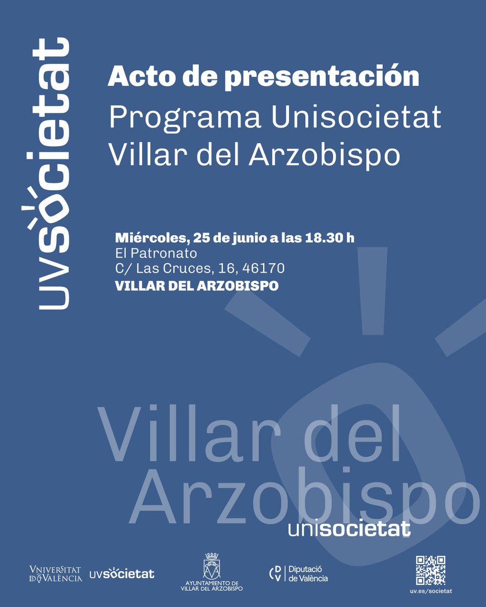 🆕Si tienes más de 30 años, vives en Los Serranos y tienes interés por seguir aprendiendo, estás de enhorabuena: ¡estrenamos nueva sede de #Unisocietat en Villar del Arzobispo!

📌Presentación del programa #Unisocietat Villar del Arzobispo
🗓️Miércoles 25/06, 18:30h
📍El Patronato