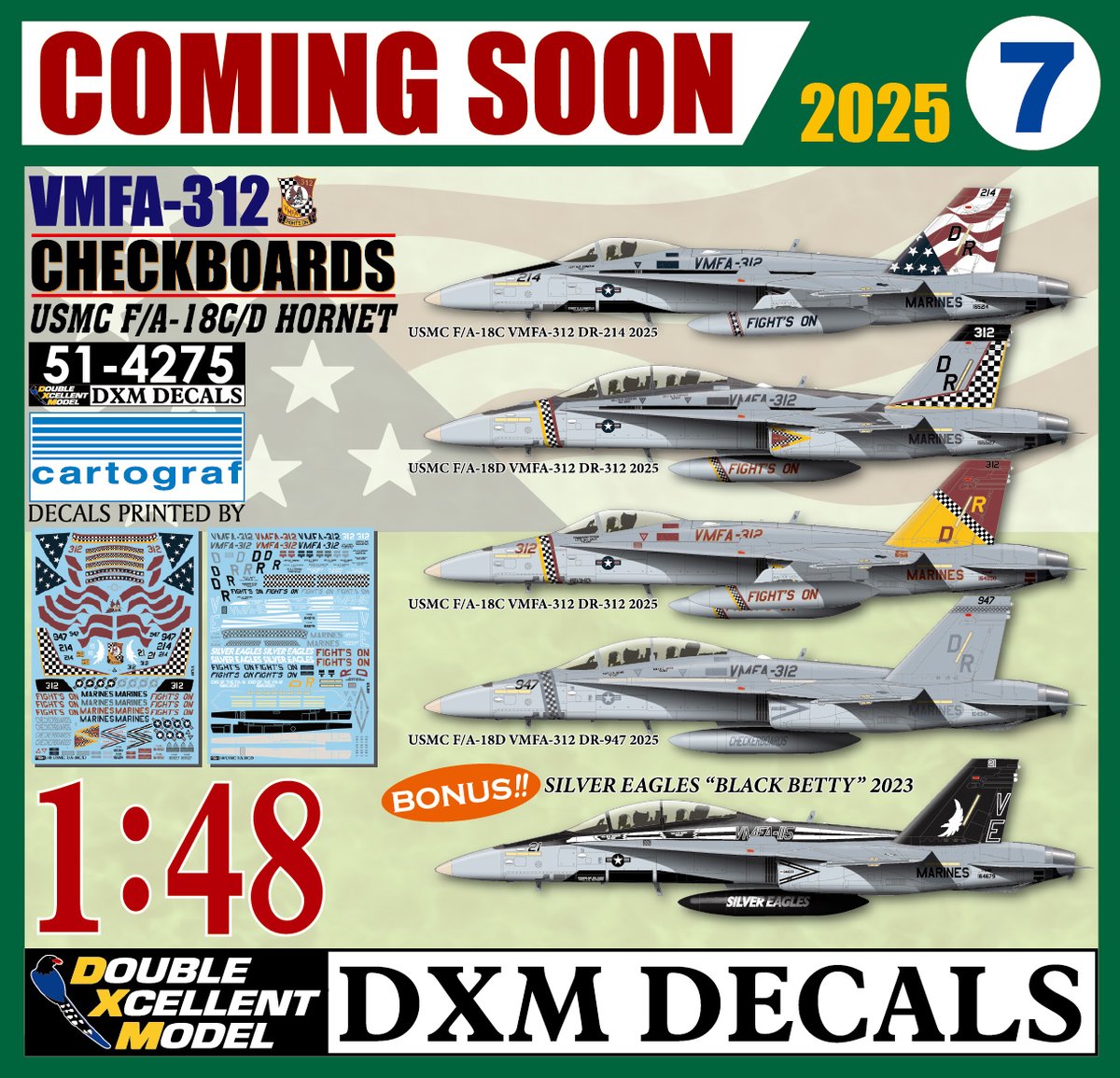 DecalsDxm's tweet image. [COMING SOON]-July, 2025
1/48 USMC F/A-18C &amp;amp; F/A-18D HORNET VMFA-312 CHECKBOARDS 2025 decals set. See you in a couple weeks~
#F18 #VMFA312 #VMFA115 #FIGHTSON #CHECKBOARDS #SILVEREAGLES #BLACKBETTY #DXMDecals