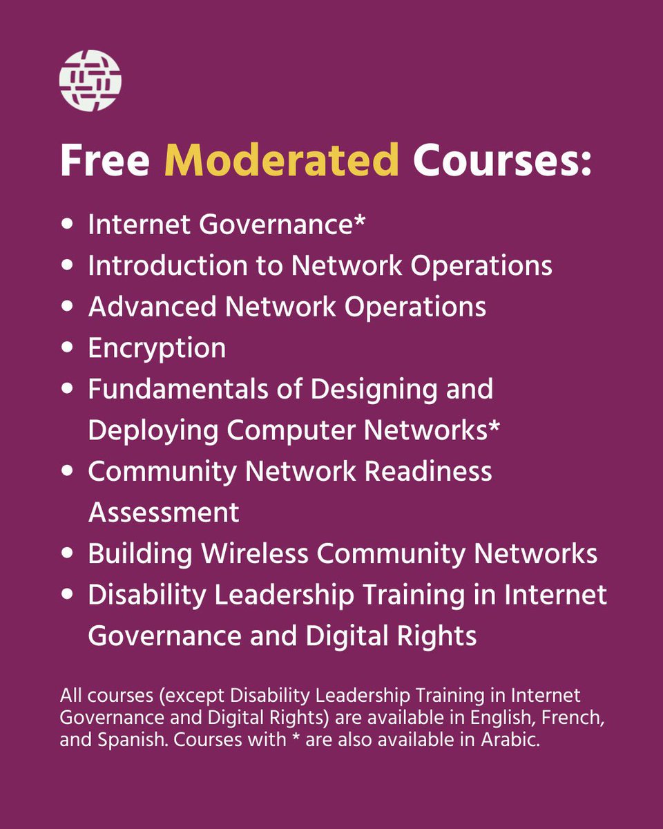 Les inscriptions sont ouvertes pour les cours modérés à partir du 14 juillet ! 🧠
Nos cours donnent aux professionnels les connaissances dont ils ont besoin pour développer de nouvelles compétences.
Inscrivez-vous à travers le lien suivant : internetsociety.org/learning/