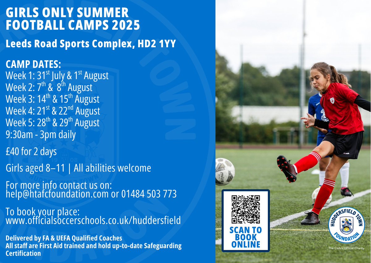 htafcfoundation's tweet image. 🔵⚪️ We're now taking bookings for our Summer Camps!!
Head to officialsoccerschools.co.uk/huddersfield to book your child's place!!
#HTF
@htafc @HTAFCWomen @EFL