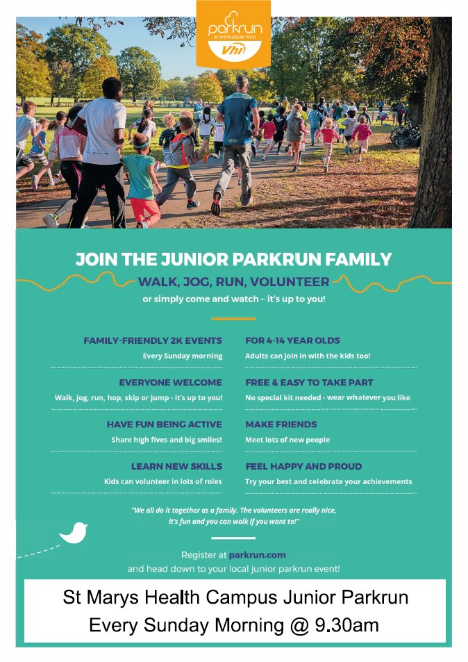 Mariodonovan08's tweet image. 🏃♂️🏃♀️Junior Park Run @ St Marys Health Campus every Sunday @ 9.30am, 📩 register @ parkrun.com, family friendly 2k events for 4-14 years & adults can join in too
#ParkRun @campus25460