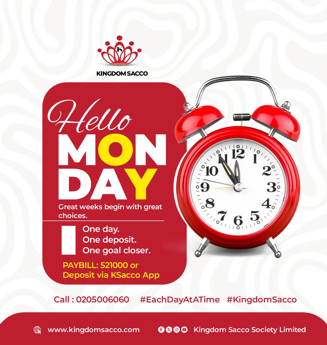 Great weeks begin with great choices.
One day. One deposit. One goal closer.

KSacco PAYBILL - 521000

#KingdomSacco  #EachDayAtATime #EmpoweringPeopleTransformingLives #KingdomSaccoApp #kingdomsacco #KsaccoApp #EmpoweringPeopleTransformingLives