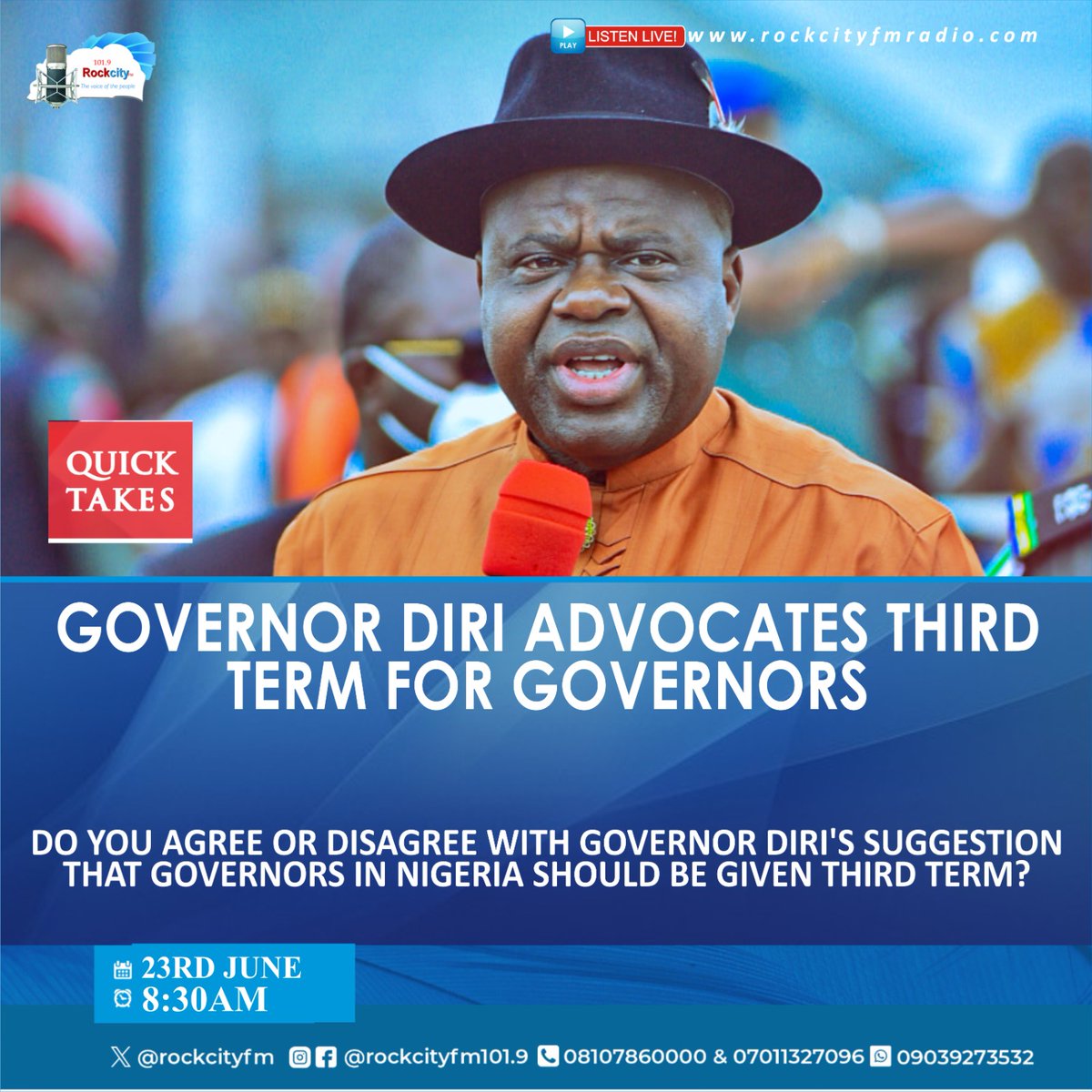 Fellow Nigerians!!!
Governor Diri has suggested that we allow our governors to go on third term. 

What is your take on this quick take!?
Comment below
#nigerian #nigerianindiaspora #nigerianyouths #nigerianstudents #quicktake #viralpost2025 #rockcityradio #nigeriangovernment