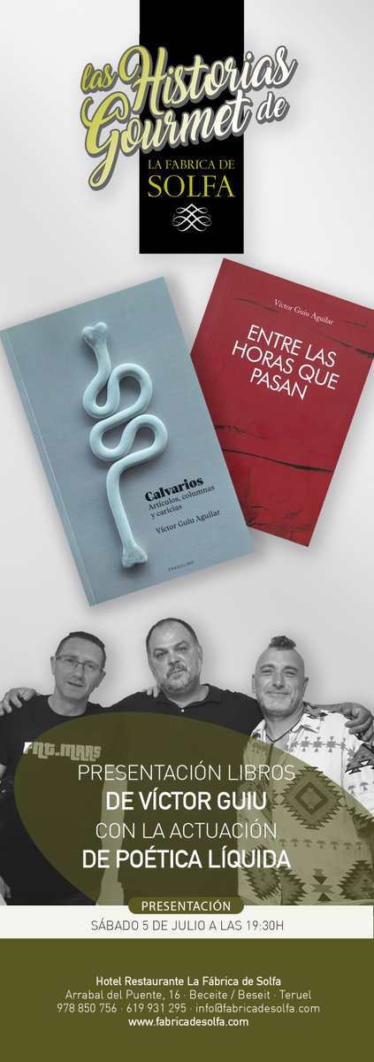 Repetimos un año más con nuestros amigos de La Fábrica de Solfa <a href="/JaviSolfa/">Javi Moragrega</a> 
Este año presentamos "Calvarios" de Ed. Fragolino y "Entre las horas" de la Platarforma de Poetas por Teruel.
Y, cómo no, la actuación de rigor de "Poética líquida".
Os esperamos el 5 de julio en #Beceite