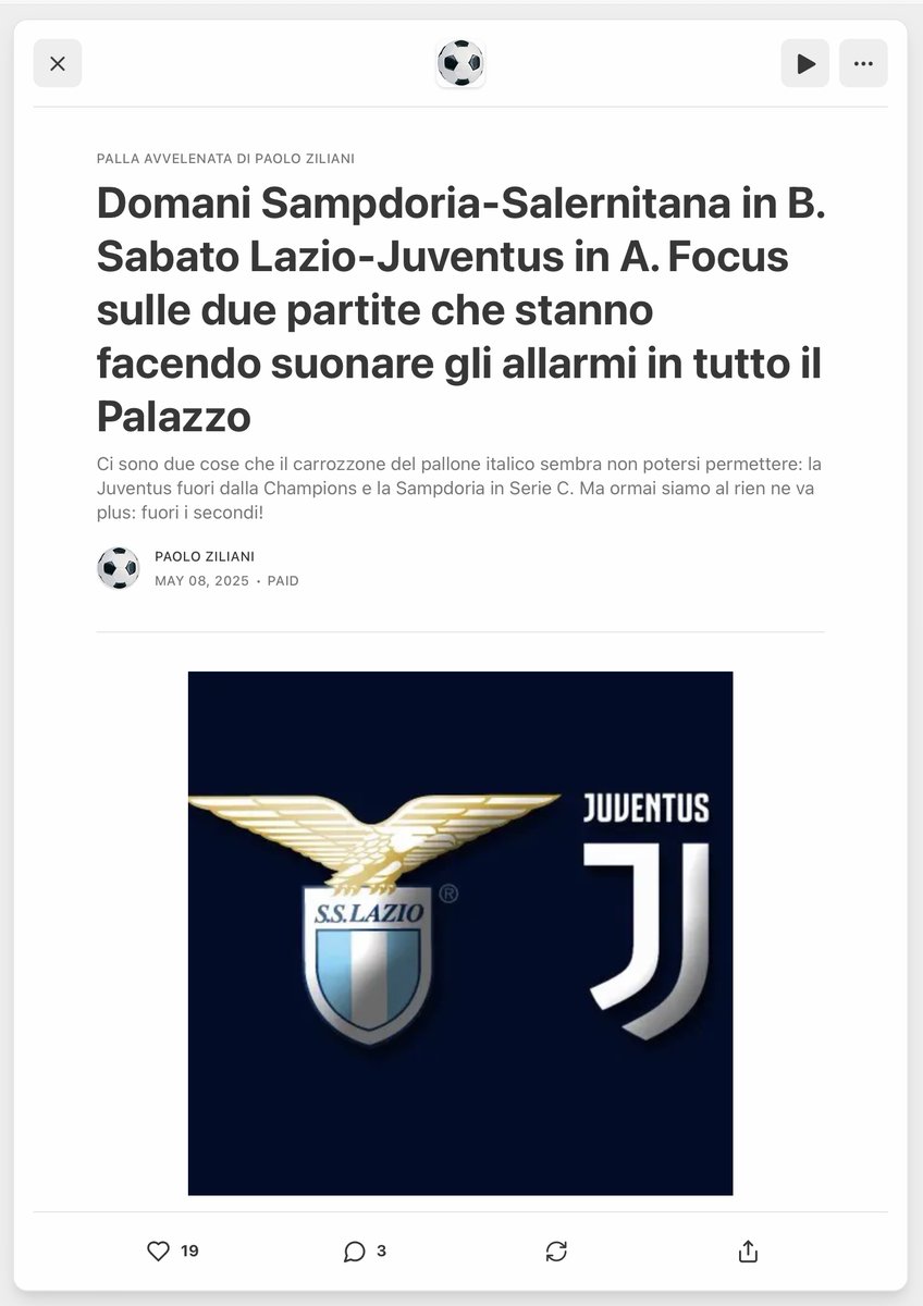 ZZiliani's tweet photo. Salvataggio Sampdoria, missione compiuta: e adesso prepariamoci a un'estate di rivolte di piazza e a una pioggia di ricorsi che paralizzeranno i campionati
Complimenti alla FIGC per il suo ultimo capolavoro: ci attende adesso un'estate punteggiata da ricorsi e controricorsi della Salernitana (e anche del Brescia) che farà di tutto per riottenere il posto in B sottrattole in modo così sfacciato. Un mese di attesa per giocare un playout che doveva essere disputato il 18 maggio. Si va verso il rinvio del campionato

Era l’8 maggio, cioè un mese e mezzo fa, i campionati non erano ancora conclusi e nel mio account “Palla Avvelenata” pubblicavo l’articolo che vedete sotto: “Ci sono due cose che il carrozzone del pallone italico sembra non potersi permettere - scrivevo nel sottotitolo -: la Juventus fuori dalla Champions e la Sampdoria in Serie C. Ma ormai siamo al rien ne va plus: fuori i secondi!”...

(l'articolo è su https://t.co/l4gP5JEXPE)