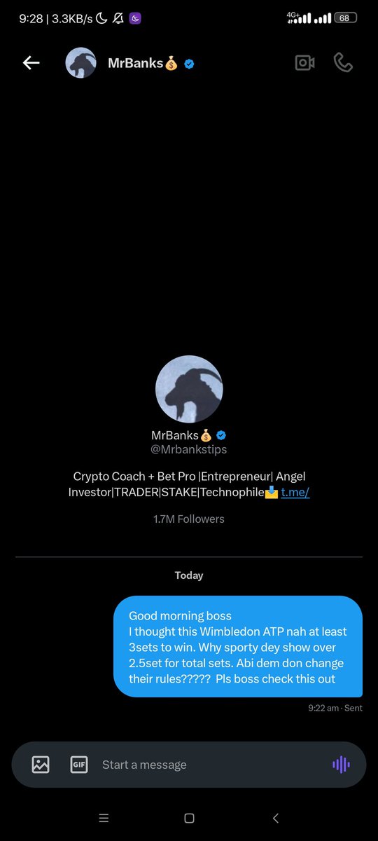 AdexBaloh01's tweet photo. @Mrbankstips @Mr banks Boss I'm trying to ask about the Wimbledon total sets????? https://t.co/8HGz2JyaHN