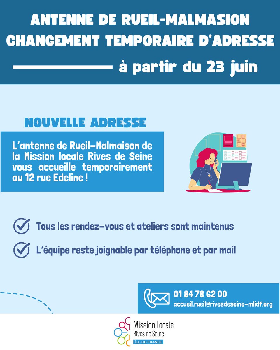 📢 Pour rappel, à partir d'aujourd'hui, l’antenne de la MLRDS à Rueil-Malmaison vous reçoit temporairement à une nouvelle adresse :

👉 12 rue Edeline – 92500 Rueil-Malmaison

Nos services continuent normalement. Seule l’adresse change pour un temps !

📞 01 84 78 62 00