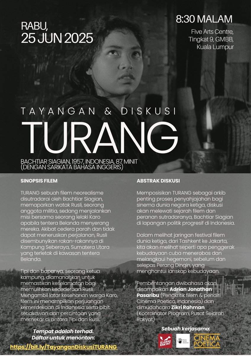 SejarahRakyat's tweet image. Rabu nanti, jangan lupa nonton #Turang di @FiveArts, GMBB, KL. Diskusi selepas tayangan akan dipandu oleh @adrianjonathan / @CinemaPoetica.
Sedikit tentang filemnya:
asapconnect.in/post/881/singl…
Daftar di: bit.ly/TayanganDiskus…