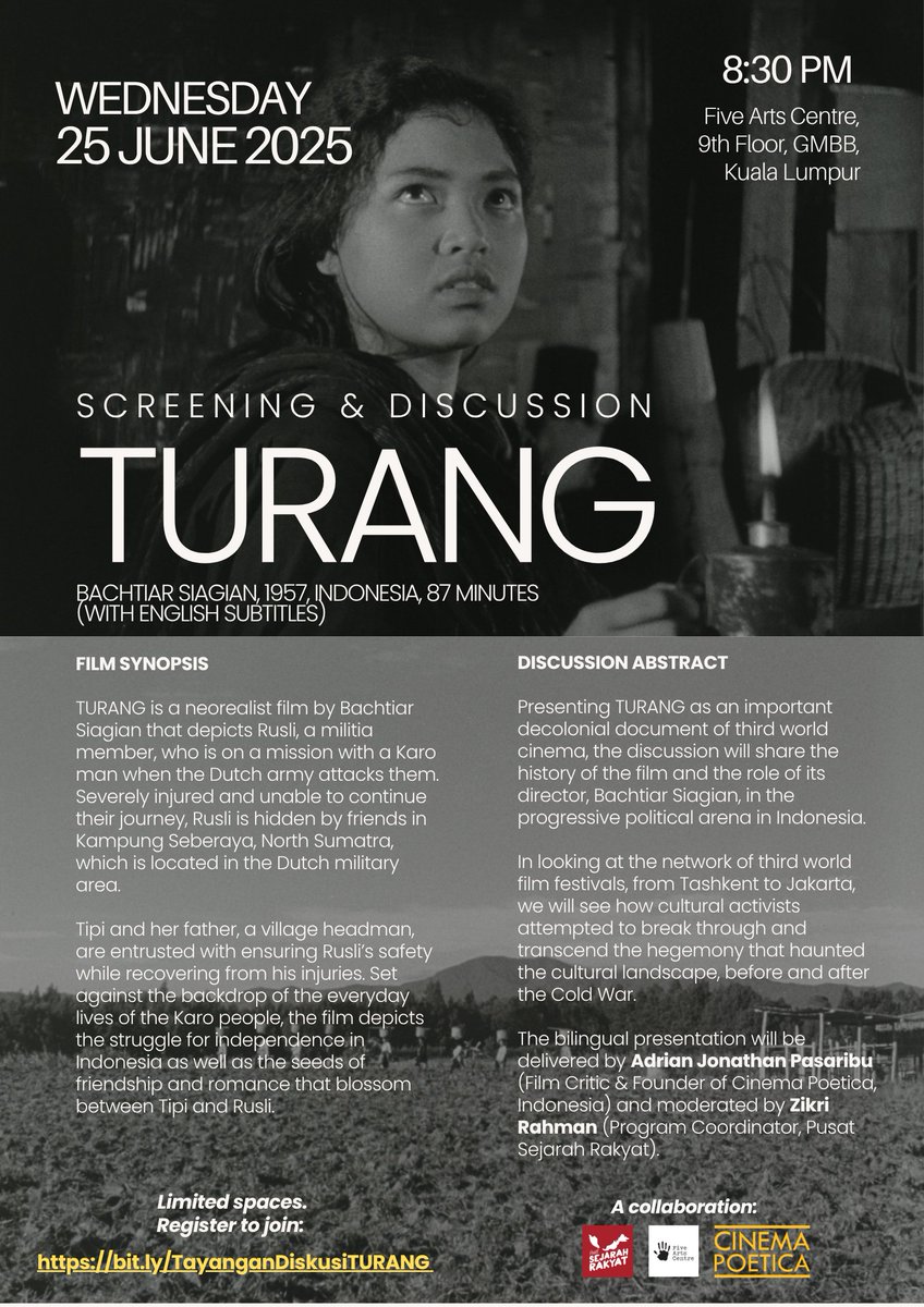 SejarahRakyat's tweet image. Rabu nanti, jangan lupa nonton #Turang di @FiveArts, GMBB, KL. Diskusi selepas tayangan akan dipandu oleh @adrianjonathan / @CinemaPoetica.
Sedikit tentang filemnya:
asapconnect.in/post/881/singl…
Daftar di: bit.ly/TayanganDiskus…