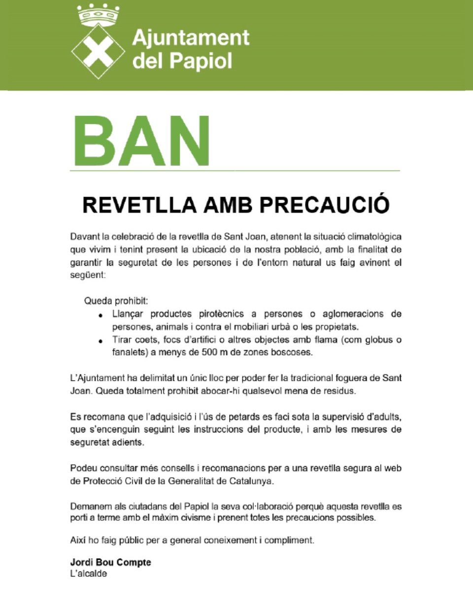📢 Amb motiu de la revetlla de Sant Joan, i davant l’elevat risc d’incendis al nostre entorn, l’Ajuntament del Papiol ha emès un BAN municipal amb mesures de seguretat que cal tenir molt en compte🔥
👉Fem una revetlla segura, responsable i respectuosa amb l’entorn i amb el veïnat