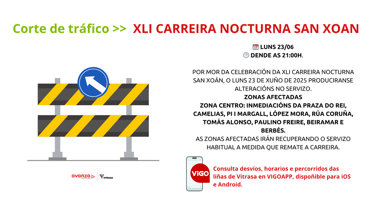#AVISOVITRASA 🚧CORTE DE TRÁFICO XLI CARREIRA NOCTURNA SAN XOÁN

Por mor da celebración da XLI Carreira Nocturna San Xoán, o luns 23 de xuño de 2025 produciranse alteracións no servizo.

🕑Dende as 21:00h

Para máis información, consulta vitrasa.es