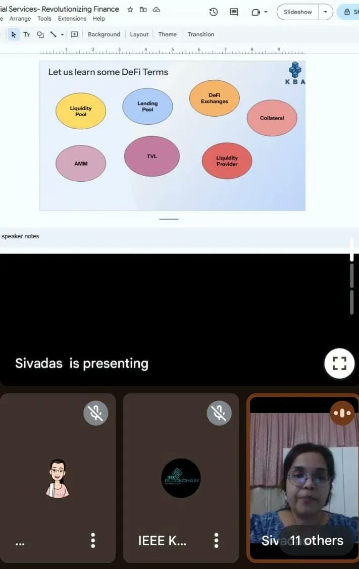 kbaiiitmk's tweet image. Glance from the #Block101 #webinar series #3, presented by #IEEEKeralaBlockchainGroup and KBA on 21 June 2025!
#Blockchain in #Financial Services- Revolutionizing Finance by Neelima Sivadas.
#technology #cryptography #introduction #intro #projects #application #finance
