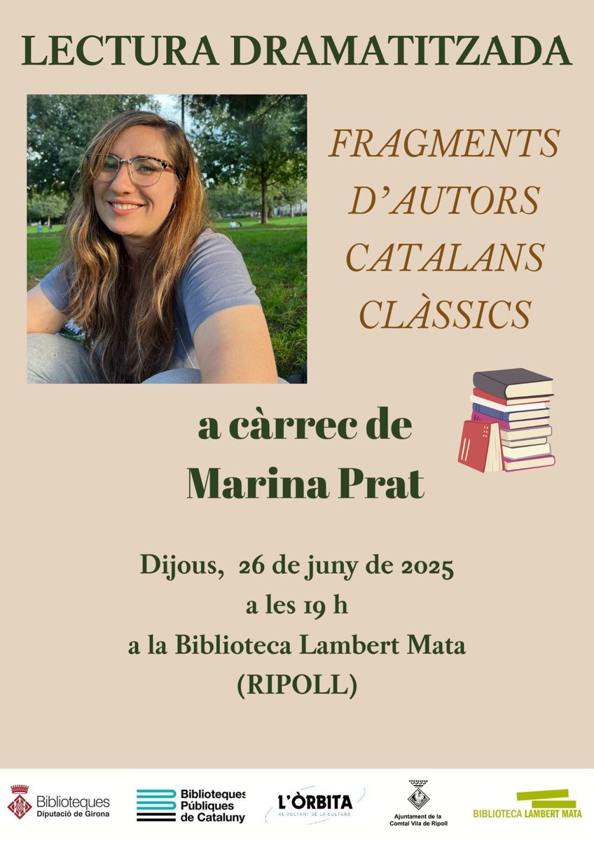 📚 Lectura dramatitzada de fragments d'autors catalans, a càrrec de "L'Òrbita", amb Marina Prat.

🗓️ Dijous, 26 de juny
🕒 19.00 h
📍 Biblioteca Lambert Mata de #Ripoll (<a href="/BiblioRipoll/">bibliotecaripoll</a>)