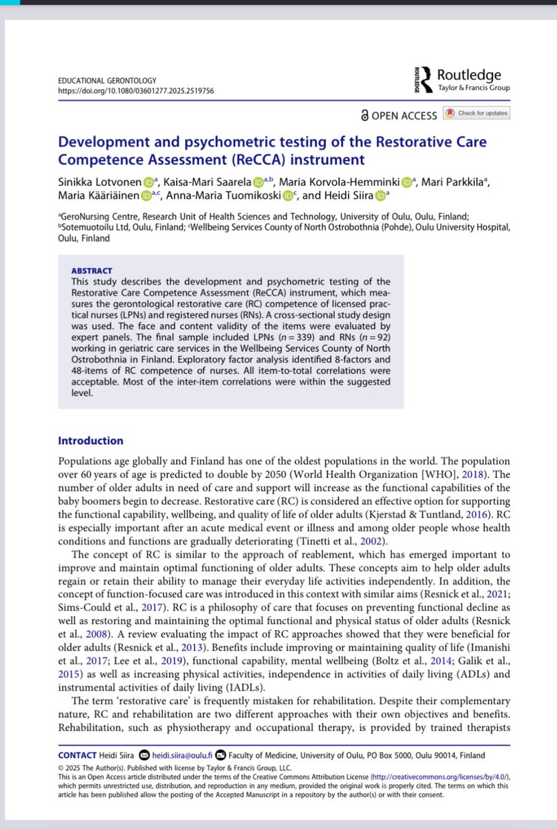 GeroNursing Centre (@geronursingc) on Twitter photo Uusi julkaisu GNC:ltä kesälukemiseksi:
Development and psychometric testing of the Restorative Care
Competence Assessment (ReCCA) instrument
Educational Gerontology
doi.org/10.1080/036012…
<a href="/HST_OY/">Health Sciences and Technology - Oulu</a>
<a href="/UniOulu/">University of Oulu</a> Uusi julkaisu GNC:ltä kesälukemiseksi:
Development and psychometric testing of the Restorative Care
Competence Assessment (ReCCA) instrument
Educational Gerontology
doi.org/10.1080/036012…
<a href="/HST_OY/">Health Sciences and Technology - Oulu</a>
<a href="/UniOulu/">University of Oulu</a>