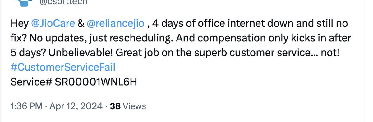 Same issue again, Internet down since last 5 days, complain on 18th June 2025, in 5 days 3 times appointment rescheduled without prior notice. Giving time like 9pm, Seriouslly? <a href="/JioCare/">JioCare</a> <a href="/reliancejio/">Reliance Jio</a> improve your service. Request#: SR00002E8QAW
