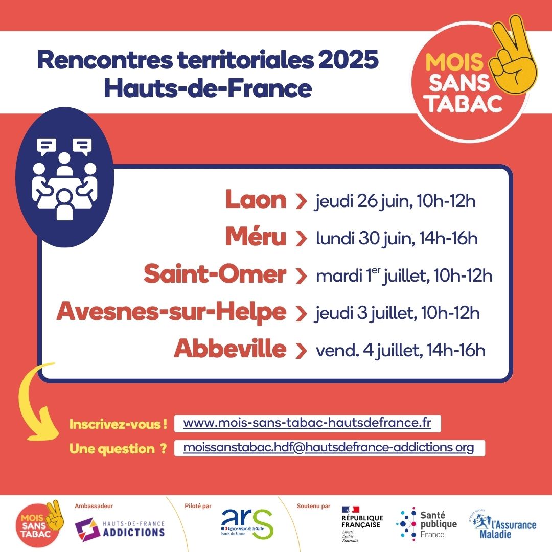 [Rencontre territoriale]

🚭 Nous venons à votre rencontre vous aider à déployer la campagne #MoisSansTabac sur votre territoire : à #Laon , jeudi 26 juin, de 10h à 12h

🎁 Remise d'un totebag aux participants présents.

⏩ Inscrivez-vous vite !
mois-sans-tabac-hautsdefrance.fr/19/rencontres-…