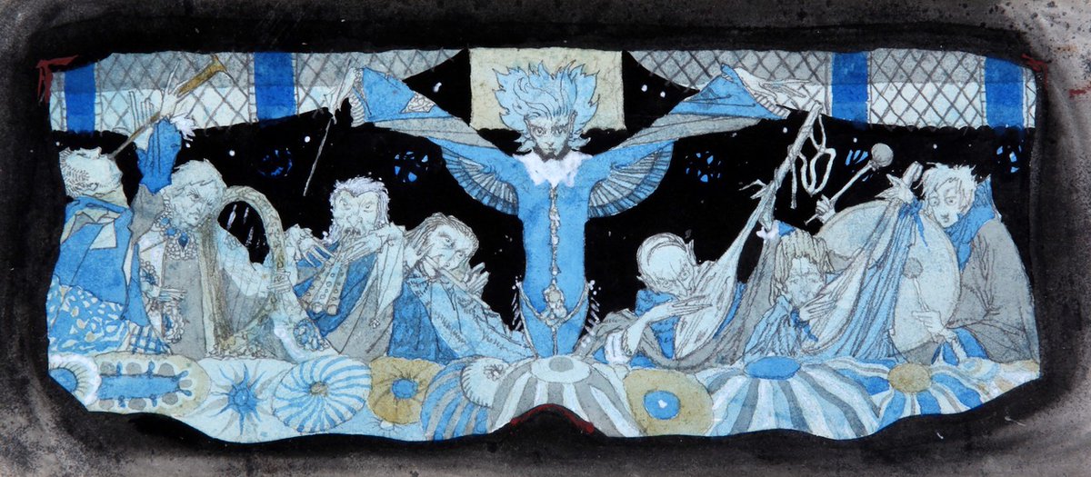 To start the week, we’re sharing this fantastic musical scene by Harry Clarke! Soon, up Aloft, the Silver, Snarling Trumpets 'gan to Chide (c.1923) gives us the best seat in the house, as we are placed front and centre before the artist’s strange septet or musical ensemble.